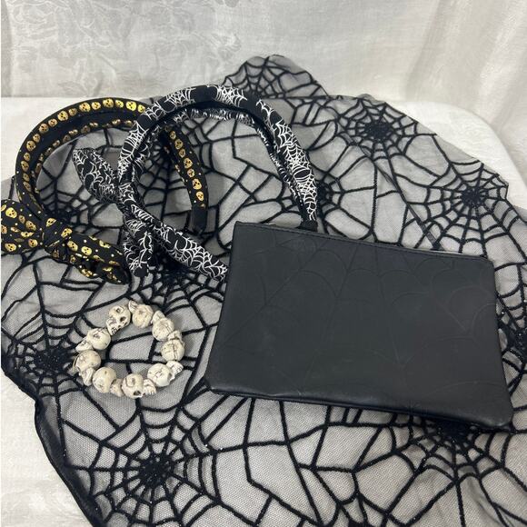 Spookie Set Skulls Spiderwebs Headband Bracelet Pouch Bag Goth Halloween - Picture 1 of 7